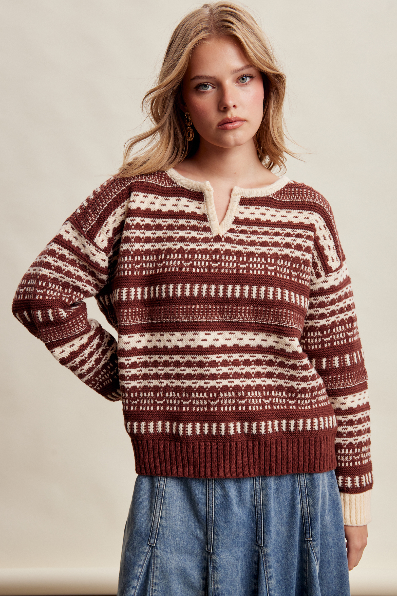 Fair Isle Split Neck Knit Sweater